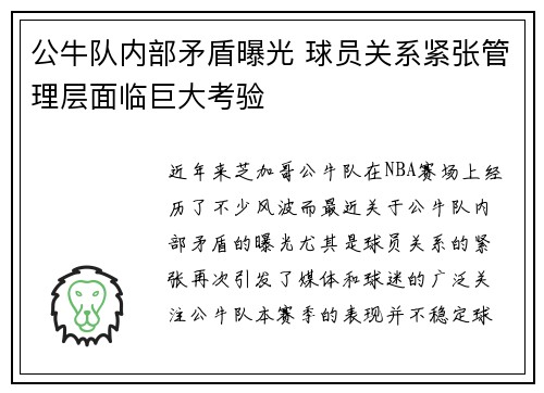 公牛队内部矛盾曝光 球员关系紧张管理层面临巨大考验