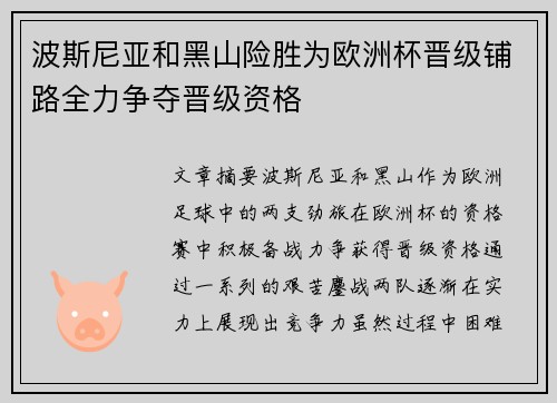 波斯尼亚和黑山险胜为欧洲杯晋级铺路全力争夺晋级资格